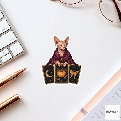 Sphynx Cat Tarot Reader Sticker, Cute Spooky Halloween Laptop Bottle Planner Journal Gift