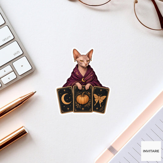 Sphynx Cat Tarot Reader Sticker, Cute Spooky Halloween Laptop Bottle Planner Journal Gift
