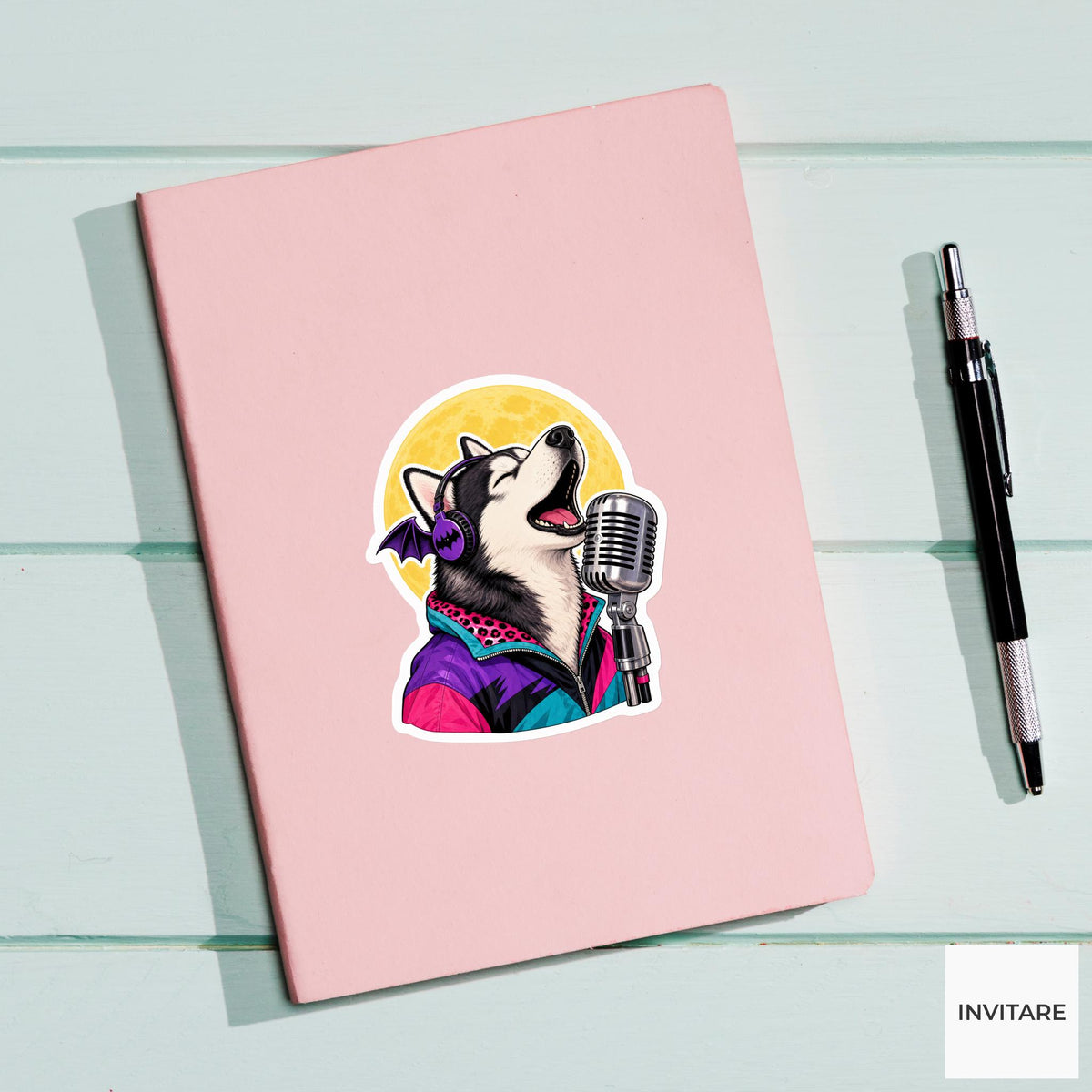 Husky Full-Moon Karaoke Sticker, Cute Spooky Halloween Laptop Bottle Planner Journal Gift