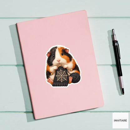 Guinea Pig Web-Scarf Knitter Sticker, Cute Spooky Halloween Laptop Bottle Planner Journal Gift