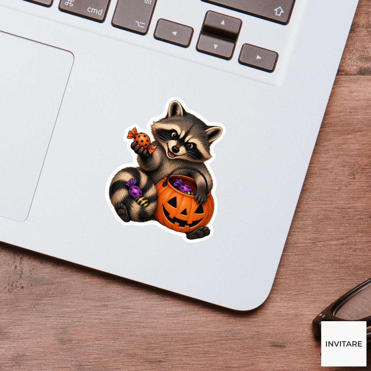 Raccoon Candy Trader Sticker, Cute Spooky Halloween Laptop Bottle Planner Journal Gift
