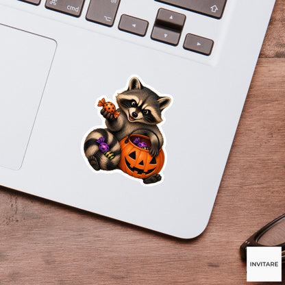 Raccoon Candy Trader Sticker, Cute Spooky Halloween Laptop Bottle Planner Journal Gift