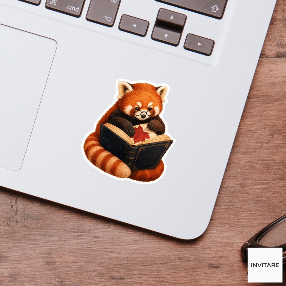 Red Panda Autumn Leaf Presser Sticker, Cute Spooky Halloween Laptop Bottle Planner Journal Gift