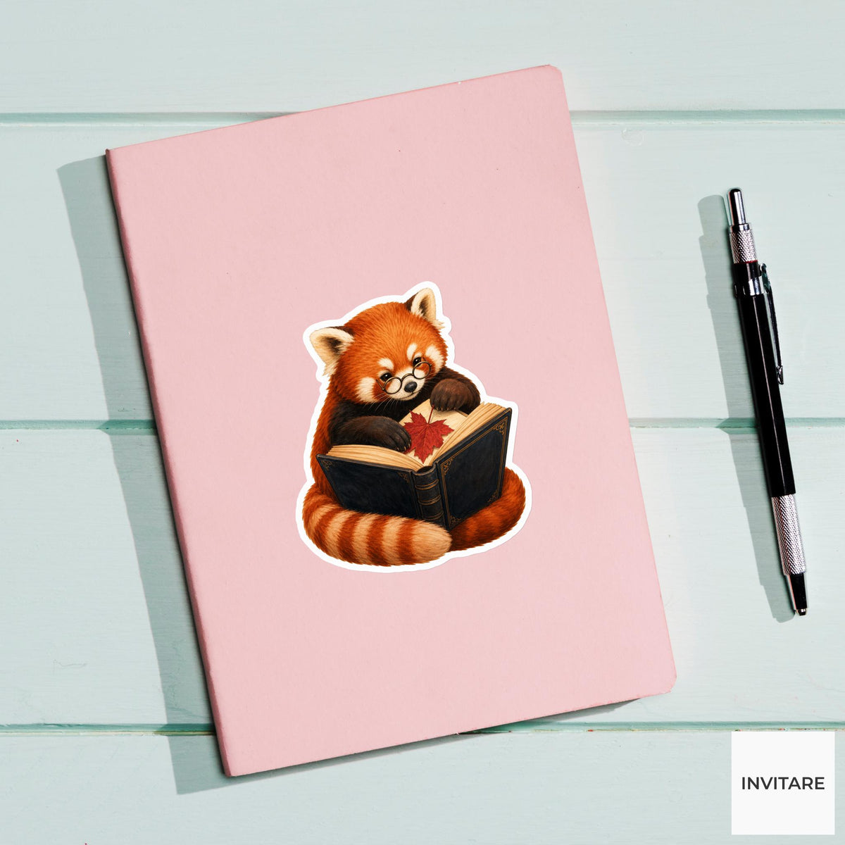 Red Panda Autumn Leaf Presser Sticker, Cute Spooky Halloween Laptop Bottle Planner Journal Gift