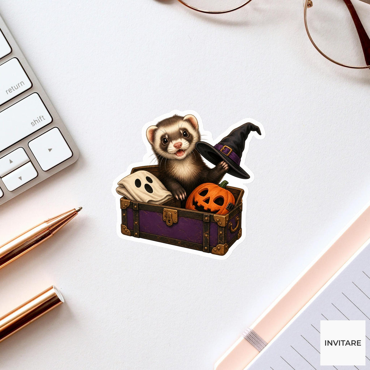 Ferret Costume-Trunk Explorer Sticker, Cute Spooky Halloween Laptop Bottle Planner Journal Gift
