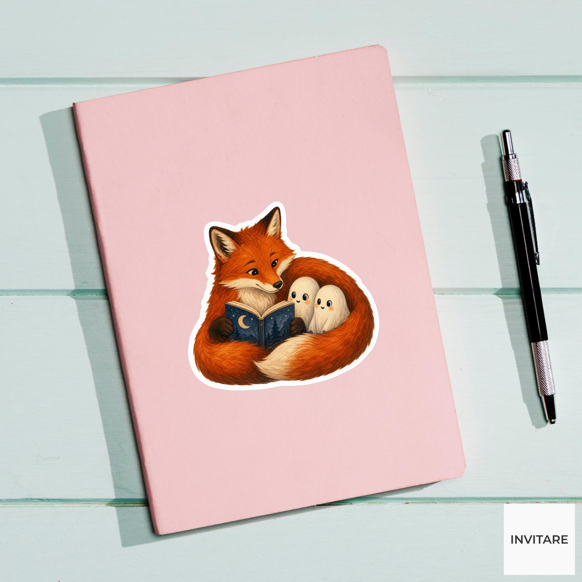Fox Reading to Baby Ghosts Sticker, Cute Spooky Halloween Laptop Bottle Planner Journal Gift