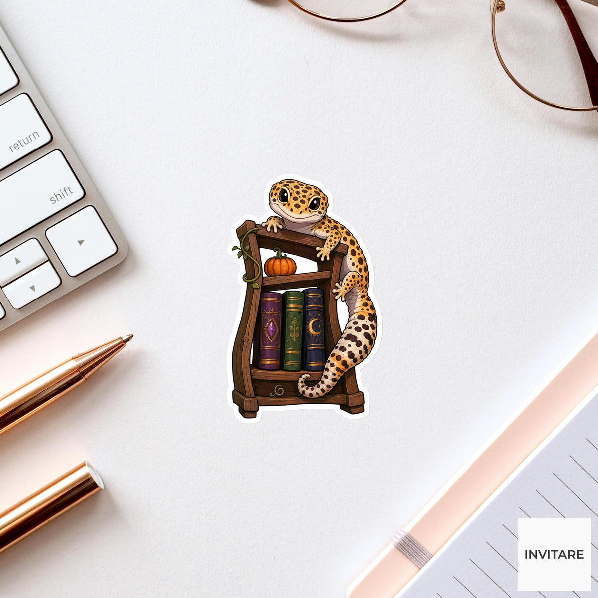 Gecko Haunted Bookshelf Climber Sticker, Cute Spooky Halloween Laptop Bottle Planner Journal Gift