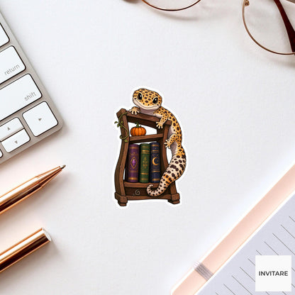 Gecko Haunted Bookshelf Climber Sticker, Cute Spooky Halloween Laptop Bottle Planner Journal Gift