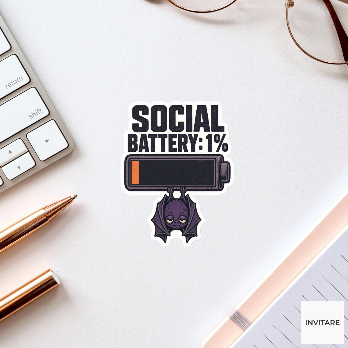 Social Battery One Percent Sticker, Funny Spooky Halloween Laptop Bottle Planner Journal Gift
