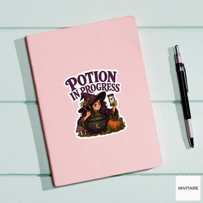 Potion in Progress Sticker, Funny Spooky Halloween Laptop Bottle Planner Journal Gift