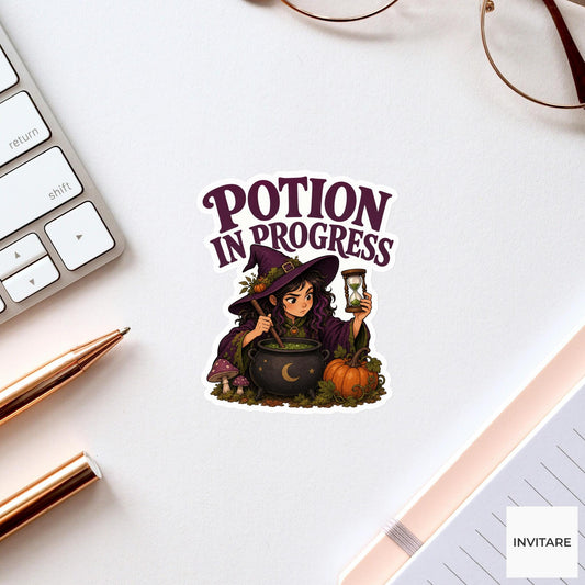 Potion in Progress Sticker, Funny Spooky Halloween Laptop Bottle Planner Journal Gift