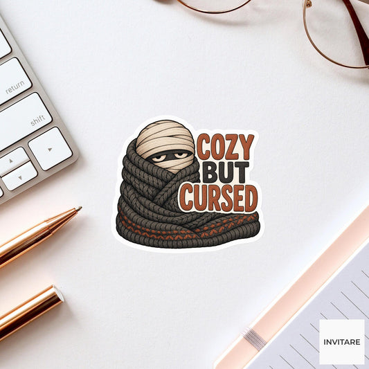 Cozy but Cursed Sticker, Funny Spooky Halloween Laptop Bottle Planner Journal Gift