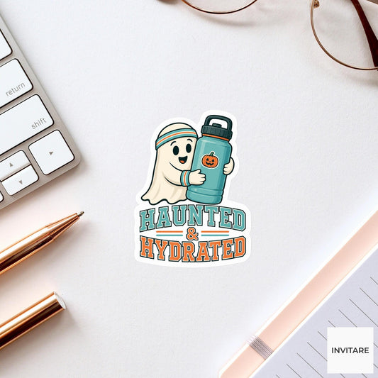 Haunted and Hydrated Sticker, Funny Spooky Halloween Laptop Bottle Planner Journal Gift