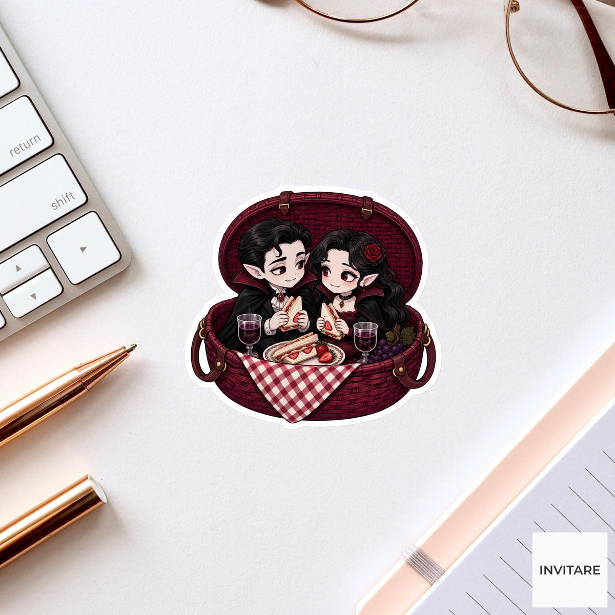 Vampire Picnic Basket Sticker, Cute Spooky Halloween Laptop Bottle Planner Journal Gift