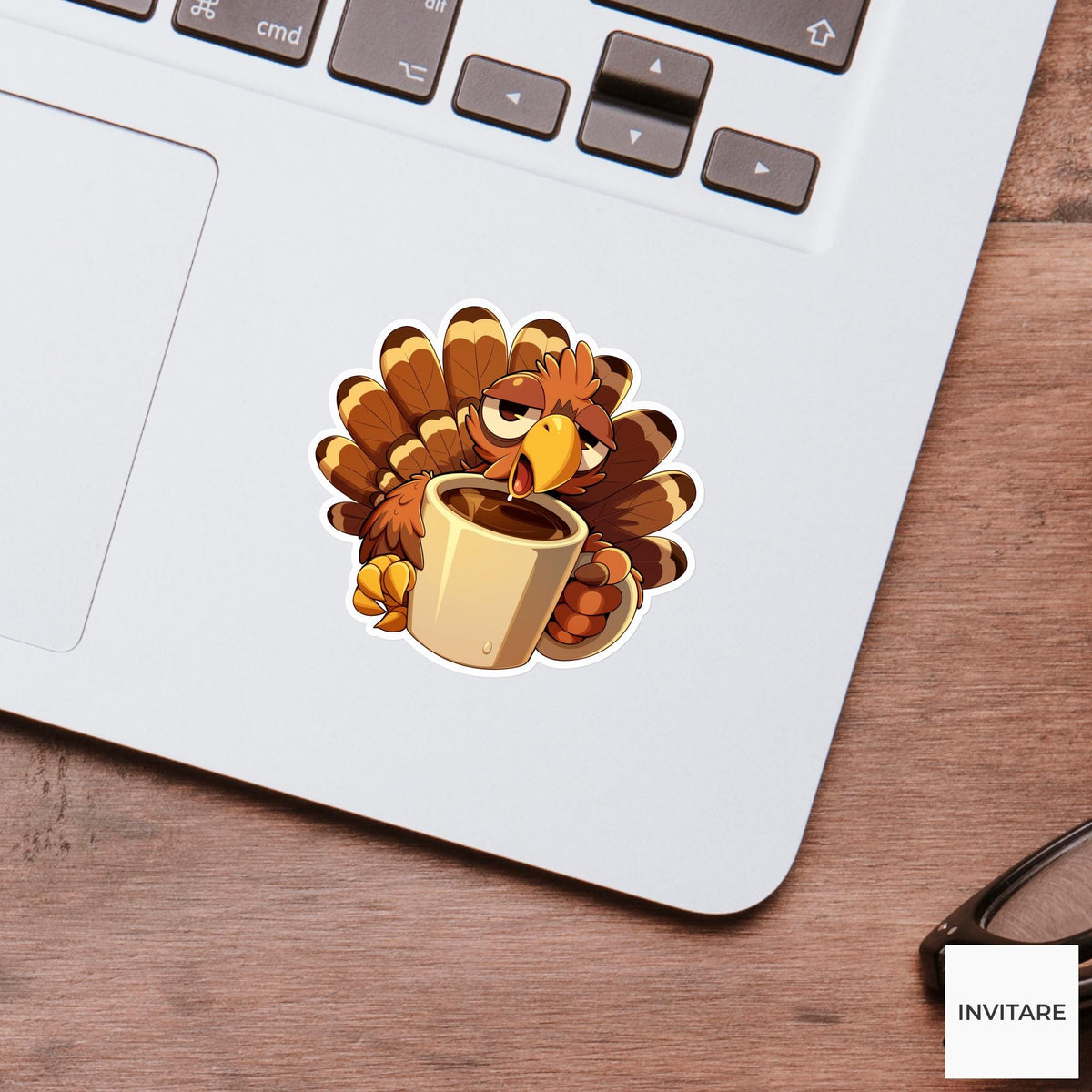 Coffee Mug Turkey Sticker, Tired Thanksgiving Host Survival Morning Humor Laptop Planner Journal Gift