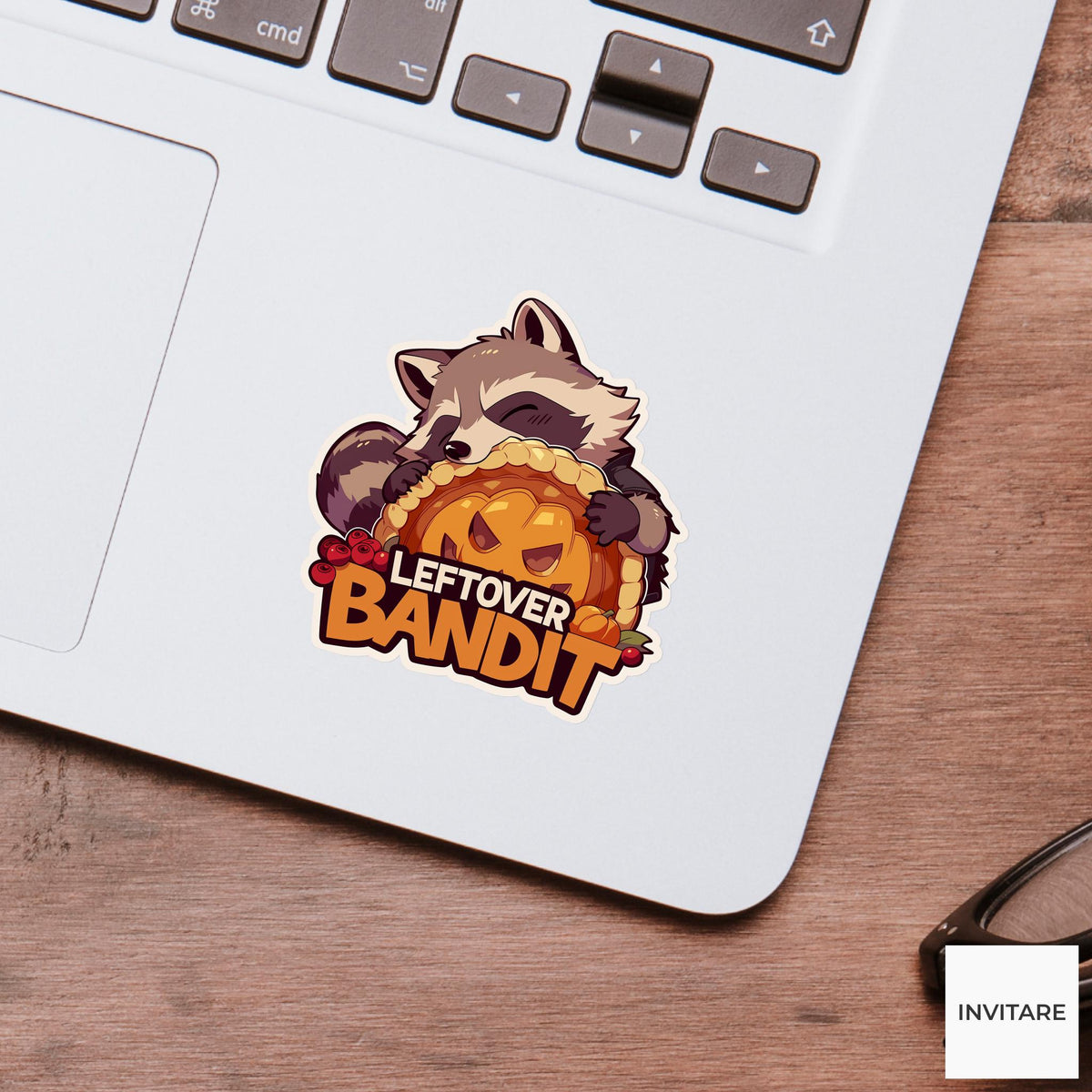 Leftover Bandit Raccoon Sticker, Funny Thanksgiving Pumpkin Pie Laptop Planner Journal Gift