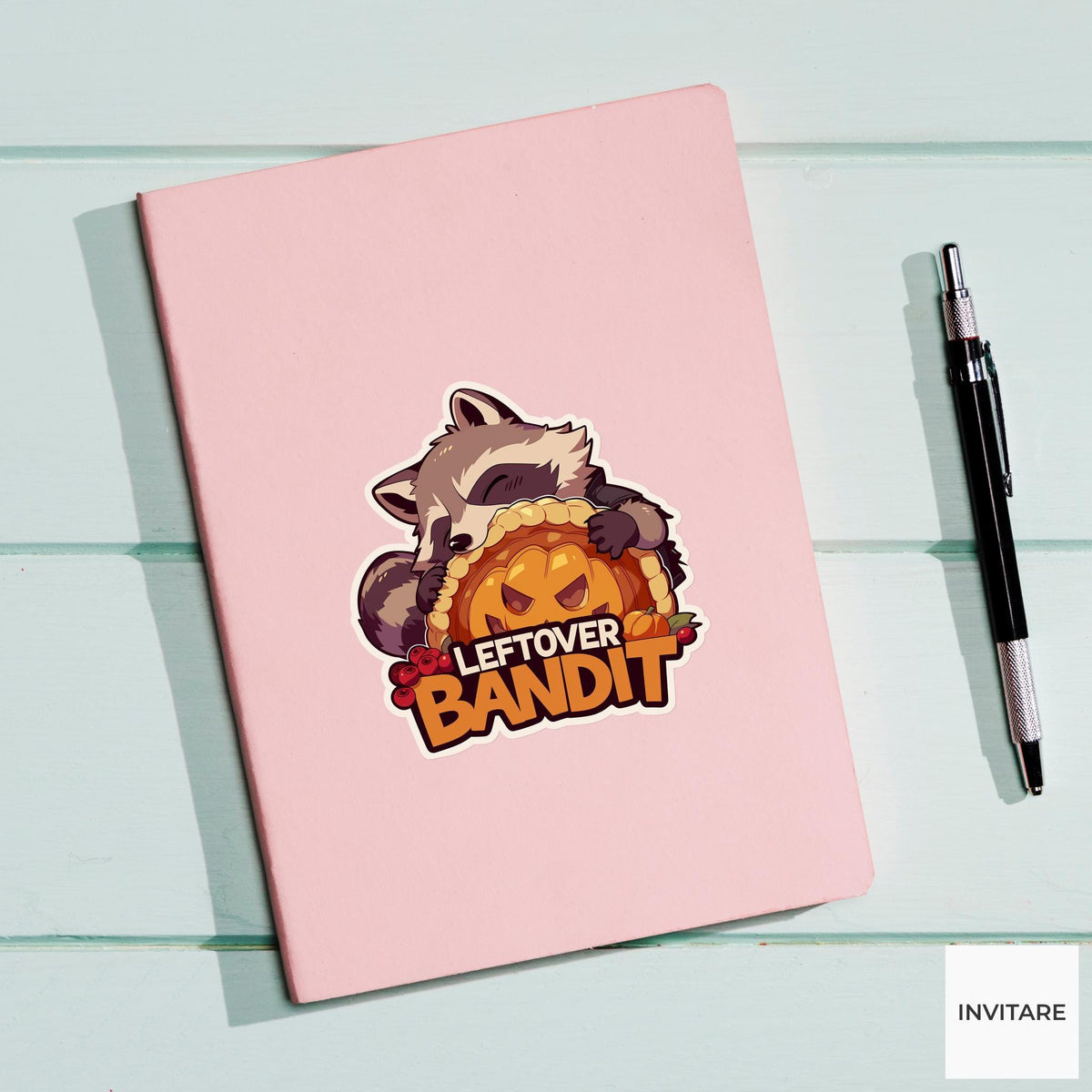 Leftover Bandit Raccoon Sticker, Funny Thanksgiving Pumpkin Pie Laptop Planner Journal Gift