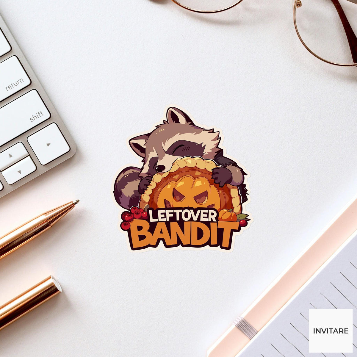 Leftover Bandit Raccoon Sticker, Funny Thanksgiving Pumpkin Pie Laptop Planner Journal Gift