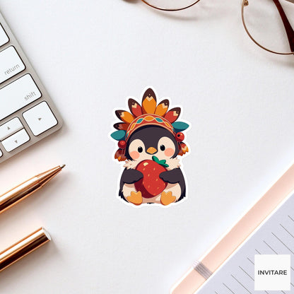 Thanksgiving Penguin Costume Sticker, Turkey Feather Cranberry Laptop Planner Journal Animal Gift