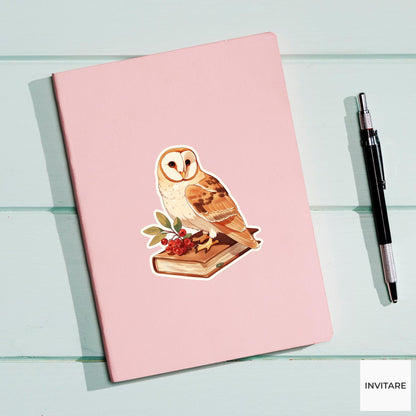 Watercolor Barn Owl Cookbook Sticker, Autumn Reader Laptop Planner Journal Book Lover Gift