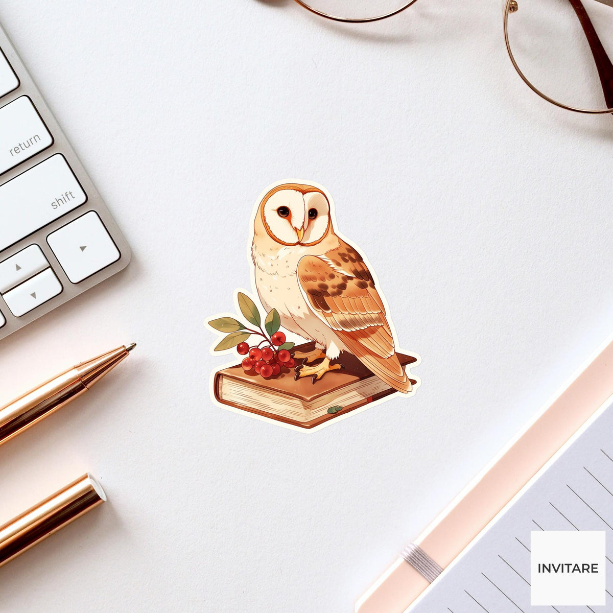 Watercolor Barn Owl Cookbook Sticker, Autumn Reader Laptop Planner Journal Book Lover Gift