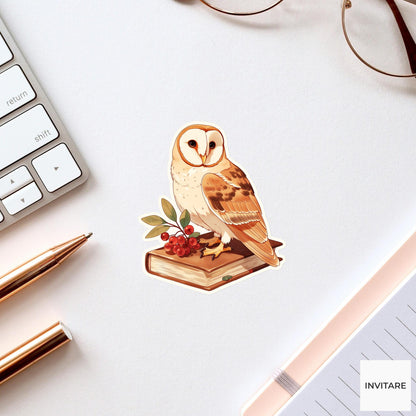 Watercolor Barn Owl Cookbook Sticker, Autumn Reader Laptop Planner Journal Book Lover Gift
