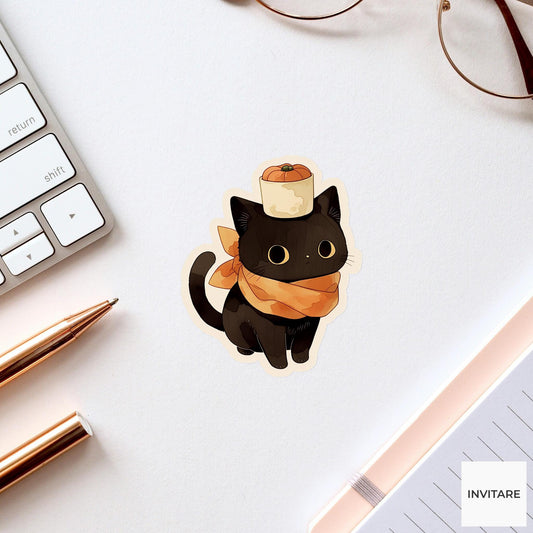 Watercolor Black Cat Dinner Roll Sticker, Cozy Autumn Scarf Laptop Planner Journal Gift