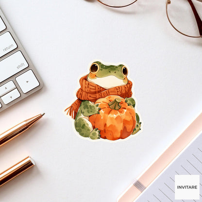 Watercolor Frog Pumpkin Sticker, Cozy Cottagecore Autumn Scarf Laptop Planner Journal Animal Gift