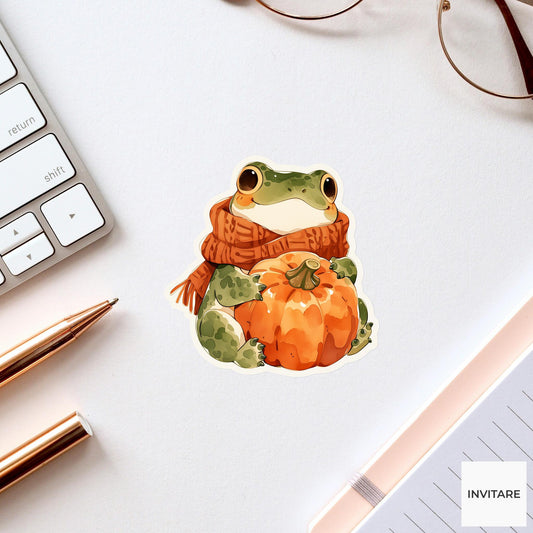 Watercolor Frog Pumpkin Sticker, Cozy Cottagecore Autumn Scarf Laptop Planner Journal Animal Gift