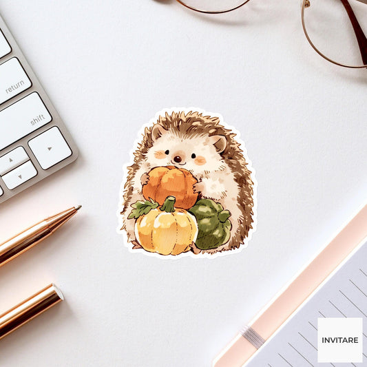 Watercolor Hedgehog Gourd Sticker, Cozy Autumn Harvest Laptop Planner Journal Animal Lover Gift