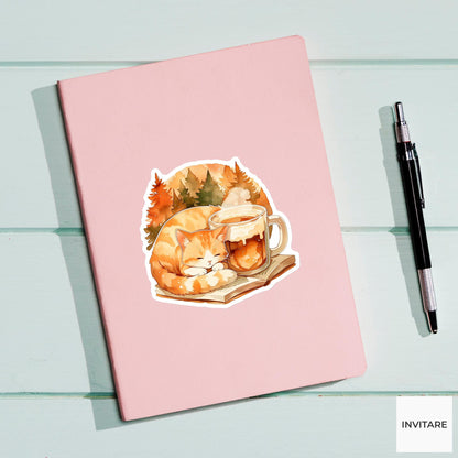 Watercolor Orange Cat Reading Sticker, Cozy Autumn Cider Laptop Planner Journal Book Lover Gift