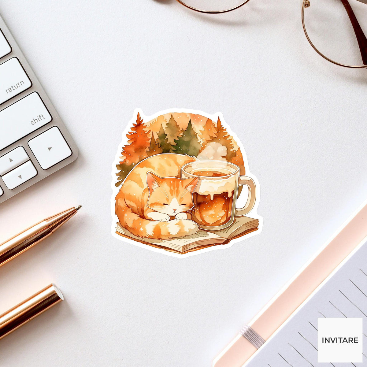 Watercolor Orange Cat Reading Sticker, Cozy Autumn Cider Laptop Planner Journal Book Lover Gift
