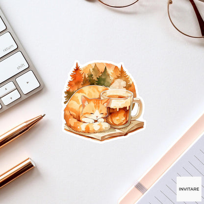 Watercolor Orange Cat Reading Sticker, Cozy Autumn Cider Laptop Planner Journal Book Lover Gift