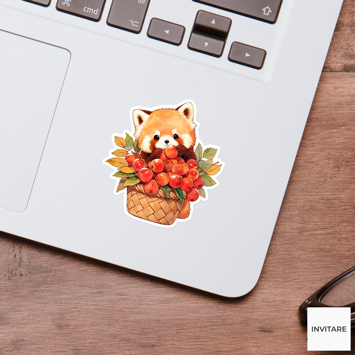 Watercolor Red Panda Cranberry Sticker, Autumn Harvest Laptop Planner Journal Animal Lover Gift