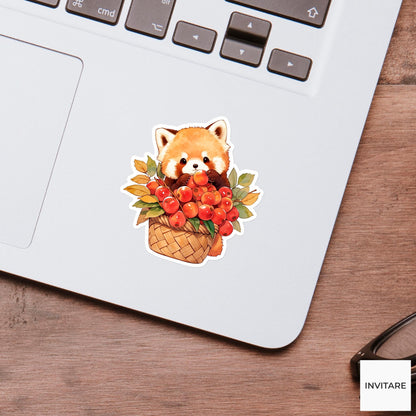 Watercolor Red Panda Cranberry Sticker, Autumn Harvest Laptop Planner Journal Animal Lover Gift