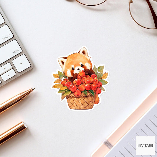 Watercolor Red Panda Cranberry Sticker, Autumn Harvest Laptop Planner Journal Animal Lover Gift
