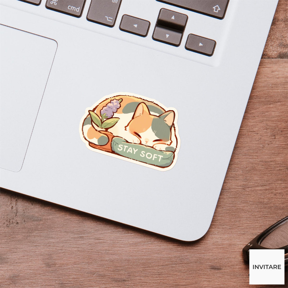 Stay Soft Calico Cat Yoga Sticker, Savasana Laptop Planner Water Bottle Gift