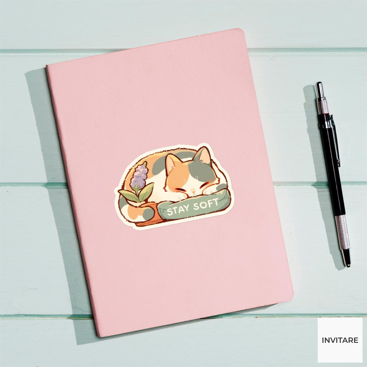 Stay Soft Calico Cat Yoga Sticker, Savasana Laptop Planner Water Bottle Gift