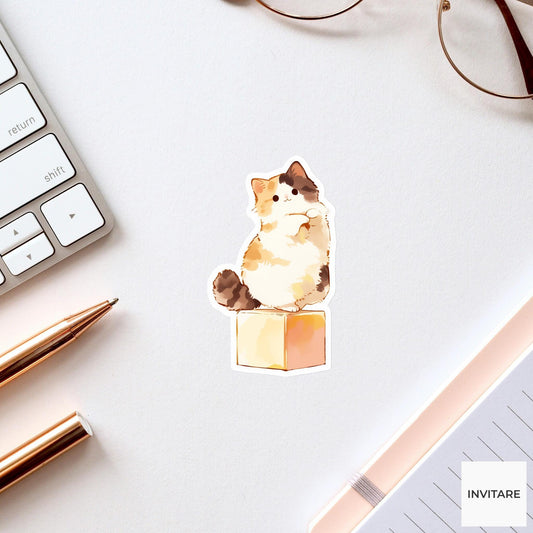 Calico Cat Half Moon Pose Yoga Sticker, Watercolor Laptop Planner Water Bottle Mindfulness Gift