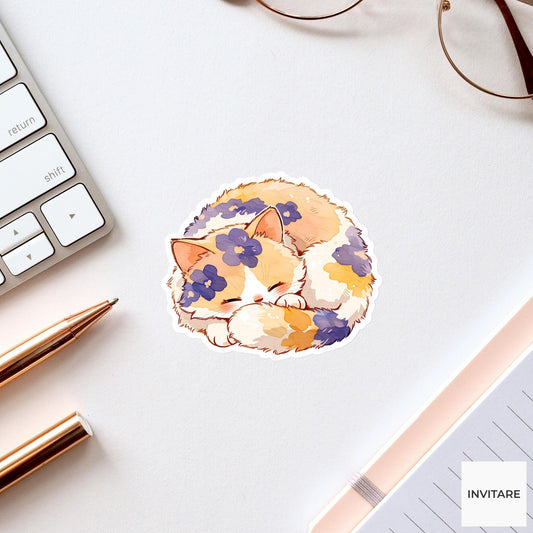 Calico Cat Child Pose Yoga Sticker, Watercolor Laptop Planner Water Bottle Mindfulness Gift