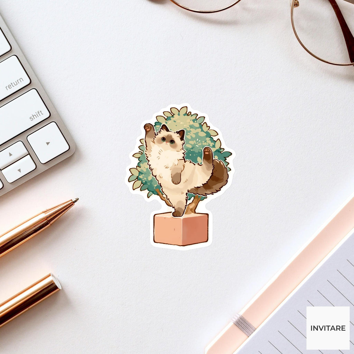 Ragdoll Cat Tree Pose Yoga Sticker, Watercolor Laptop Planner Water Bottle Mindfulness Gift