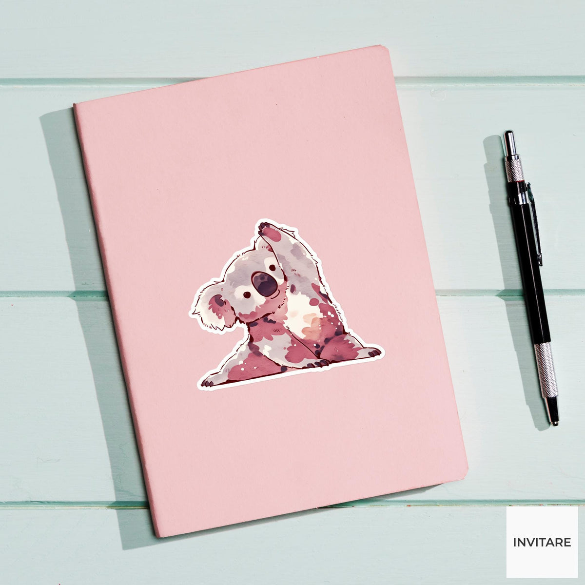 Gray Koala Side Stretch Yoga Sticker, Watercolor Laptop Planner Water Bottle Mindfulness Gift