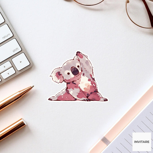 Gray Koala Side Stretch Yoga Sticker, Watercolor Laptop Planner Water Bottle Mindfulness Gift