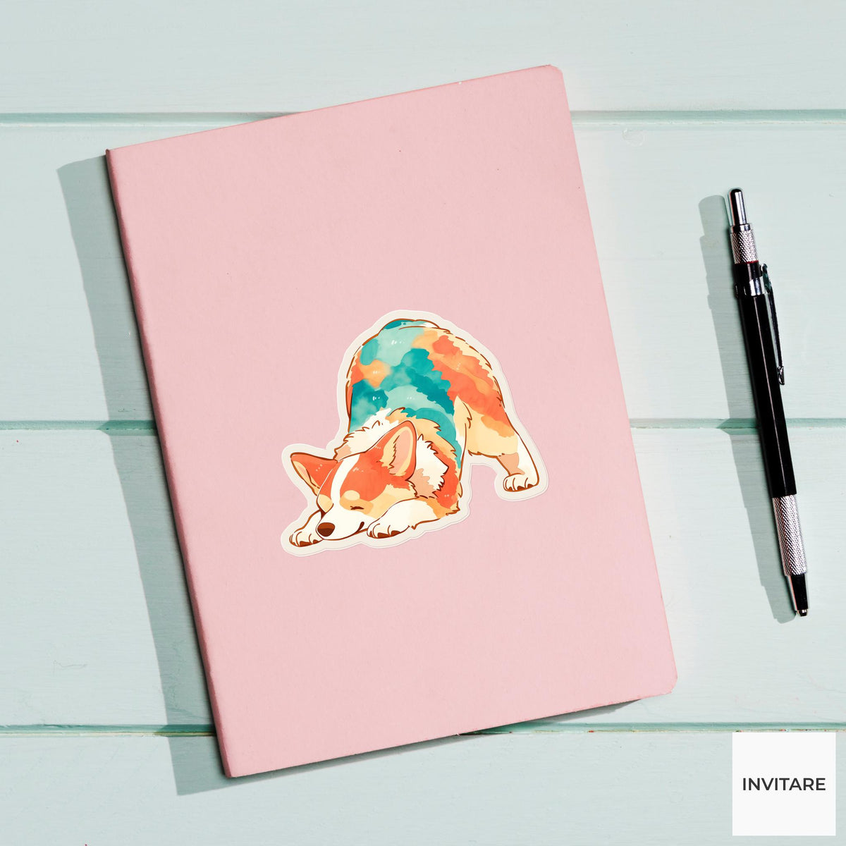 Tricolor Corgi Downward Dog Yoga Sticker, Watercolor Laptop Planner Water Bottle Mindfulness Gift