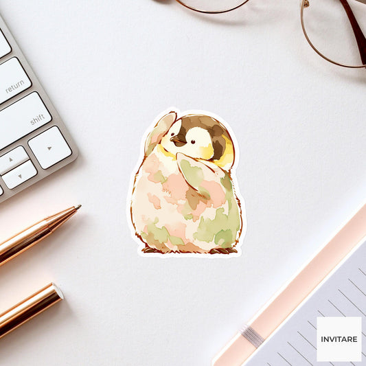 Penguin Chick Tree Pose Yoga Sticker, Watercolor Laptop Planner Water Bottle Mindfulness Gift