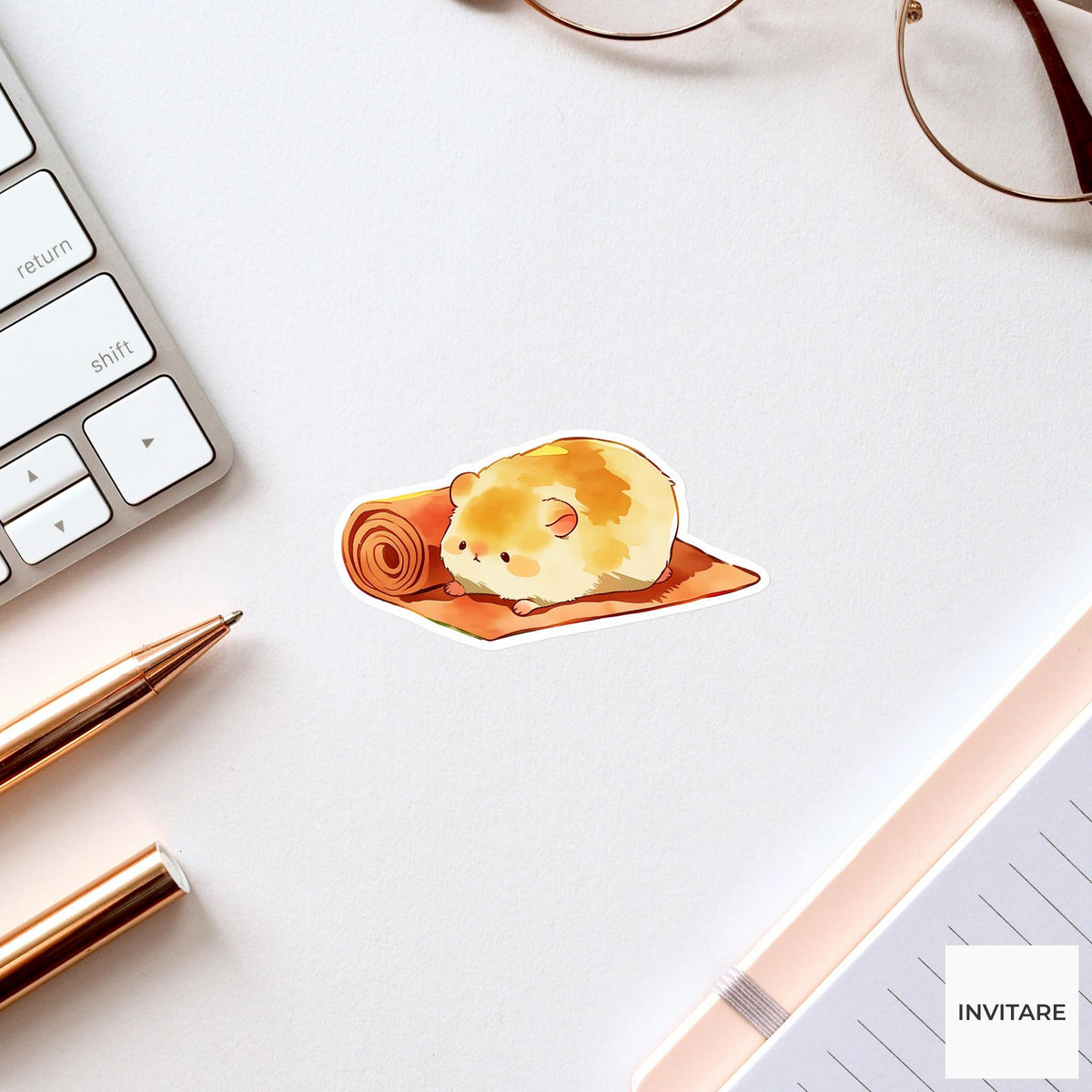 Golden Hamster Child Pose Yoga Sticker, Watercolor Laptop Planner Water Bottle Mindfulness Gift