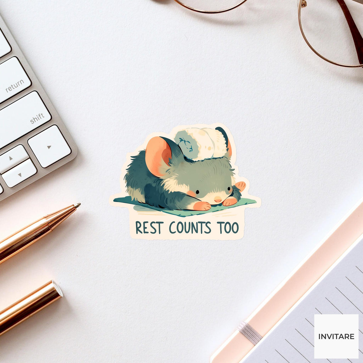 Rest Counts Too Gray Possum Yoga Sticker, Rest Day Laptop Planner Water Bottle Gift