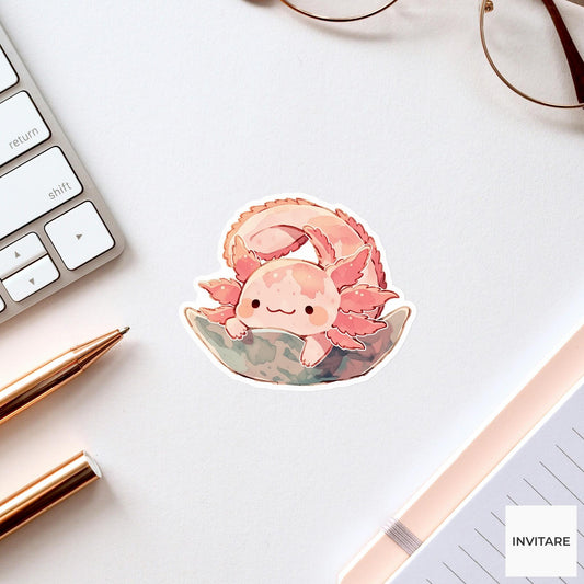 Pink Axolotl Boat Pose Yoga Sticker, Watercolor Laptop Planner Water Bottle Mindfulness Gift