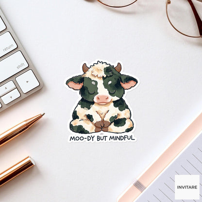 Moo-dy But Mindful Dairy Cow Yoga Sticker, Lotus Pose Laptop Water Bottle Gift