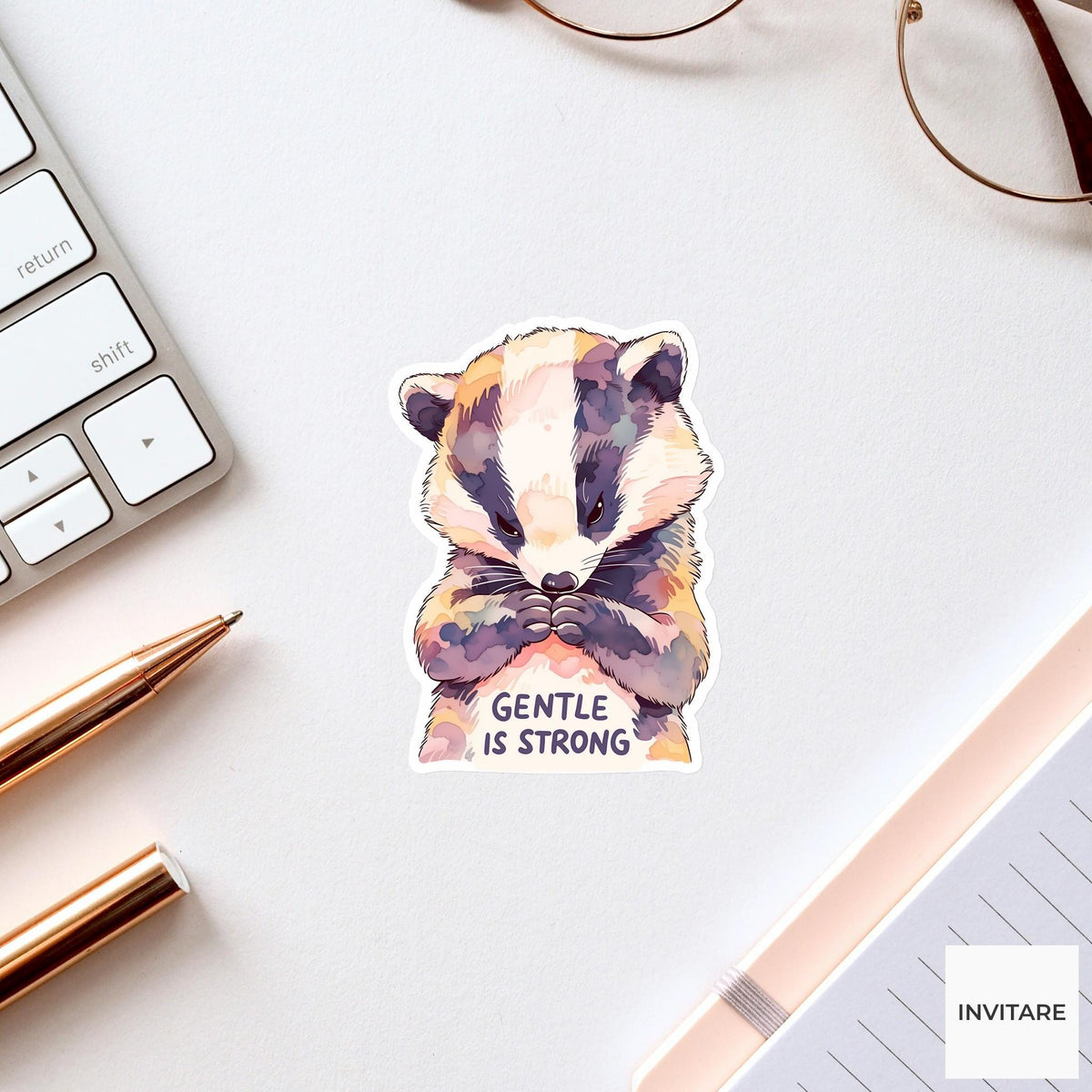Gentle Is Strong Badger Yoga Sticker, Mountain Pose Laptop Planner Water Bottle Gift